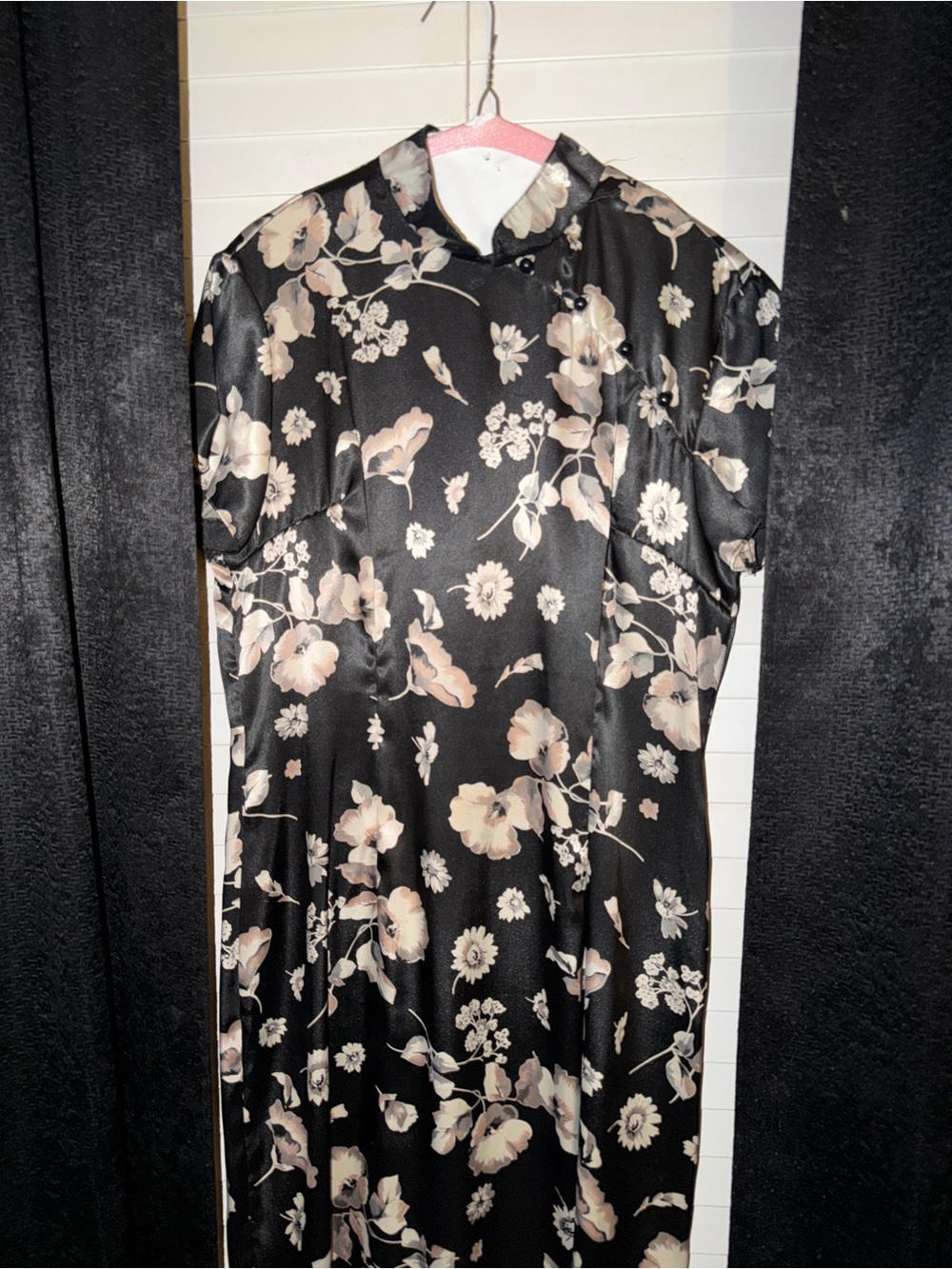 Vintage Black Floral Satin Midi Dress Romantic Goth Cottagecore 90s Women’s